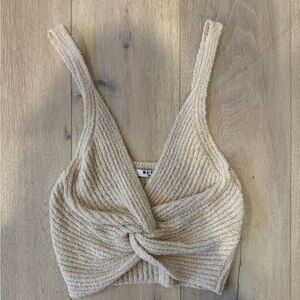 Beige Twist Front Knit Crop Top